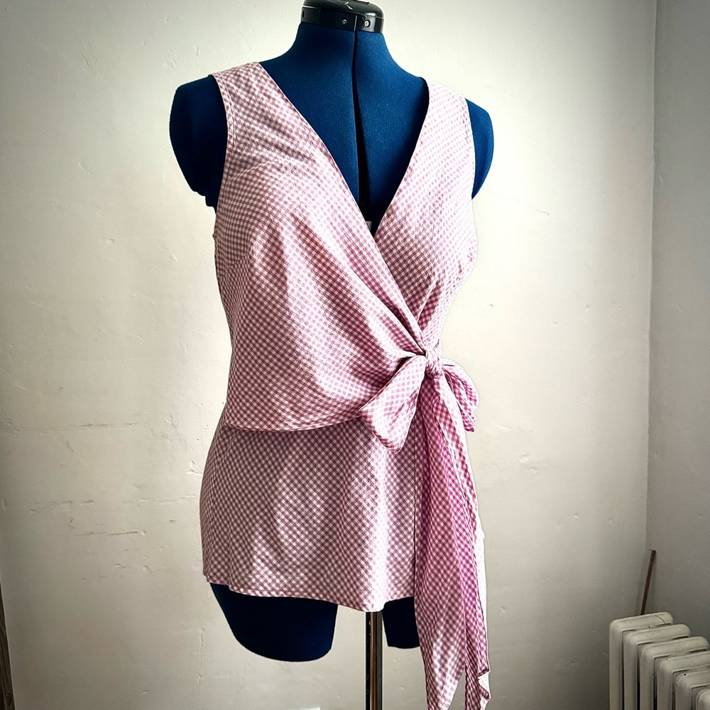 Loft Lavender Gingham Sleeveless Wrap Top